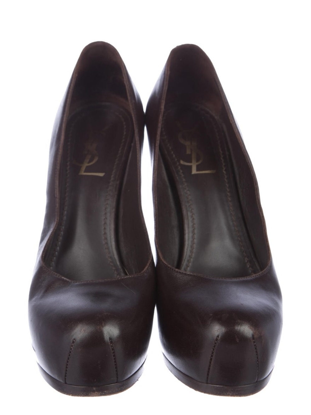 Yves Saint Laurent Dark Brown Leather Round-Toe Pumps 4.25 high.